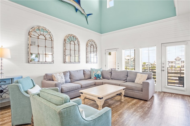 living room with hardwood / wood-style flooring and a towering ceiling