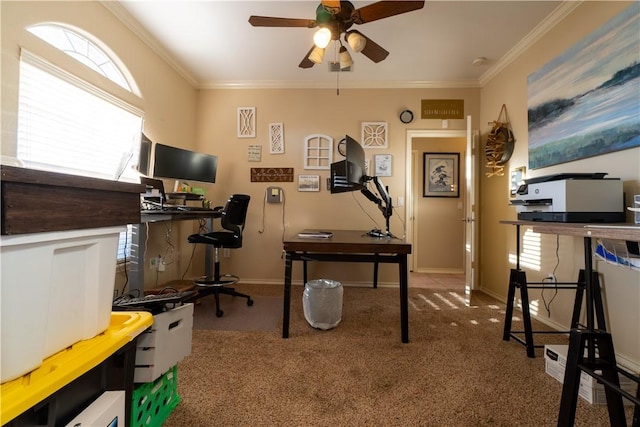 7602 Beau Terre, Corpus Christi, TX 78414 - office featuring carpet, crown molding, a ceiling fan, and plenty of natural light