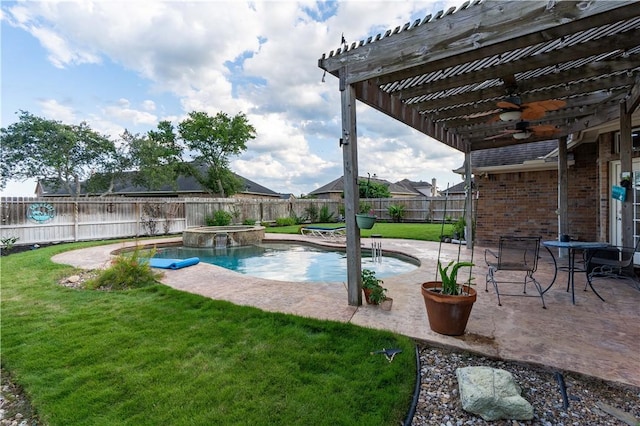 7602 Beau Terre, Corpus Christi, TX 78414 - view of pool featuring a pergola, a fenced backyard, a patio, ceiling fan, and a pool with connected hot tub
