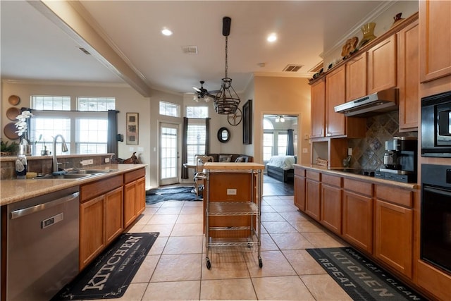 7602 Beau Terre, Corpus Christi, TX 78414 - kitchen with black appliances, a ceiling fan, under cabinet range hood, crown molding, and decorative backsplash