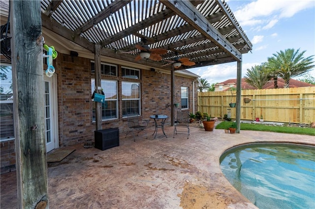 7602 Beau Terre, Corpus Christi, TX 78414 - view of swimming pool with a pergola, a fenced backyard, a ceiling fan, and a patio