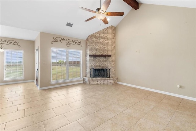unfurnished living room with beamed ceiling, visible vents, a ceiling fan, and plenty of natural light