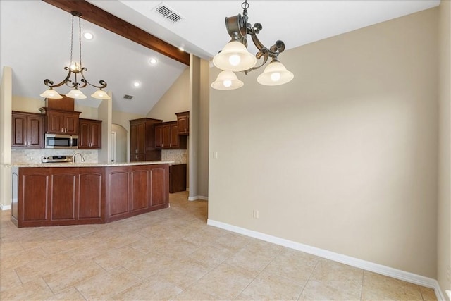 kitchen with beamed ceiling, visible vents, stainless steel microwave, and a notable chandelier