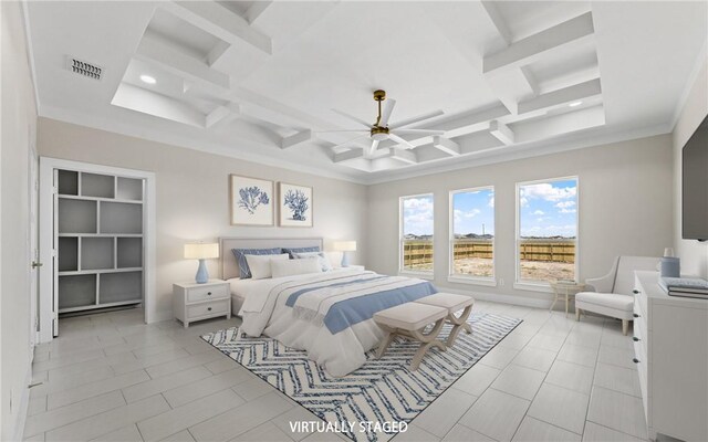 714 Papa Mori Dr, Corpus Christi, TX 78415 - bedroom with coffered ceiling, beam ceiling, light tile patterned floors, recessed lighting, and a ceiling fan