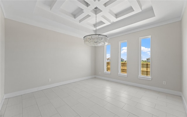 714 Papa Mori Dr, Corpus Christi, TX 78415 - empty room featuring coffered ceiling, a chandelier, baseboards, and beam ceiling