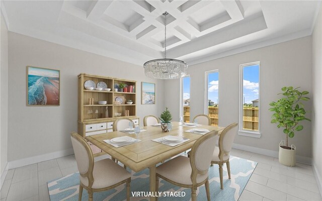 714 Papa Mori Dr, Corpus Christi, TX 78415 - dining area featuring coffered ceiling, a chandelier, baseboards, light tile patterned floors, and beam ceiling