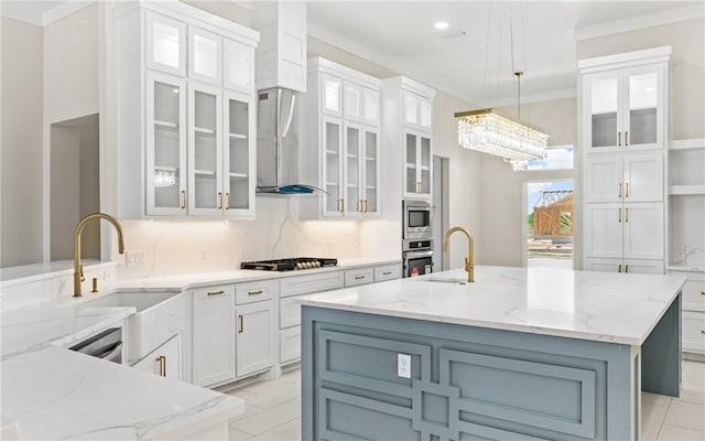 714 Papa Mori Dr, Corpus Christi, TX 78415 - kitchen featuring a sink, stainless steel appliances, extractor fan, a chandelier, and white cabinetry
