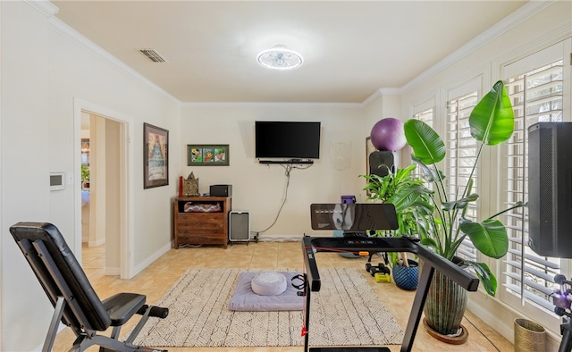 workout area featuring light tile patterned floors and ornamental molding