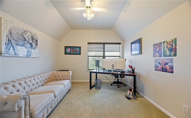 office with ceiling fan, light colored carpet, and vaulted ceiling