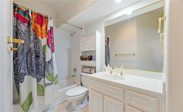 full bathroom featuring shower / tub combo with curtain, vanity, tile patterned flooring, and toilet