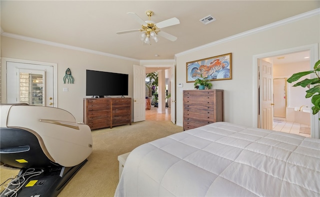 carpeted bedroom featuring crown molding and ceiling fan