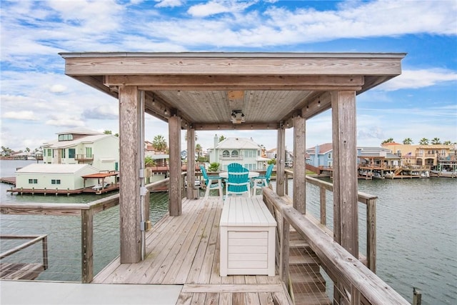 dock area with a water view and a residential view