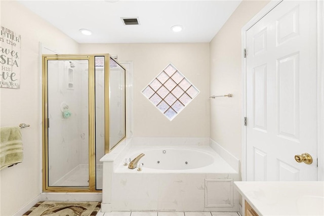 full bathroom with visible vents, a stall shower, a whirlpool tub, and vanity