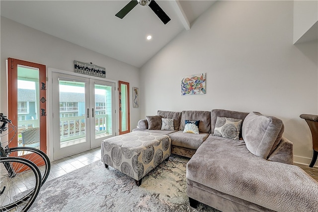 living room featuring french doors, light hardwood / wood-style floors, high vaulted ceiling, beamed ceiling, and ceiling fan