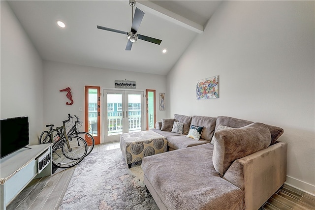 living room featuring french doors, wood-type flooring, high vaulted ceiling, ceiling fan, and beam ceiling