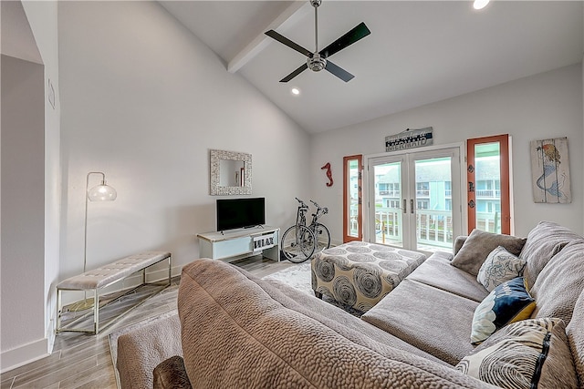 living room with french doors, high vaulted ceiling, light hardwood / wood-style floors, beamed ceiling, and ceiling fan