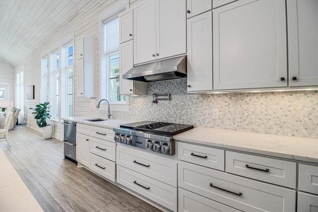 kitchen featuring under cabinet range hood, stainless steel gas cooktop, wood finished floors, a sink, and backsplash