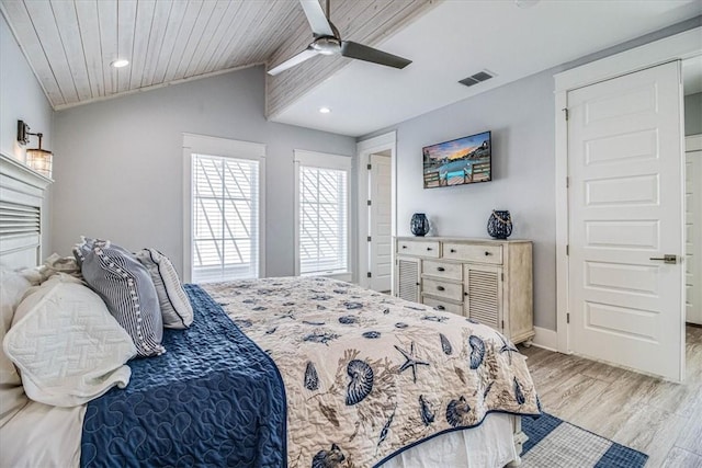 bedroom with visible vents, a ceiling fan, lofted ceiling, wood ceiling, and light wood-style floors