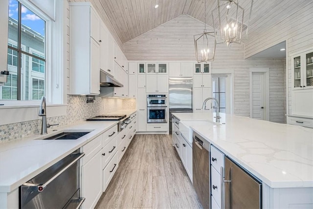 kitchen featuring a chandelier, stainless steel appliances, a sink, and under cabinet range hood