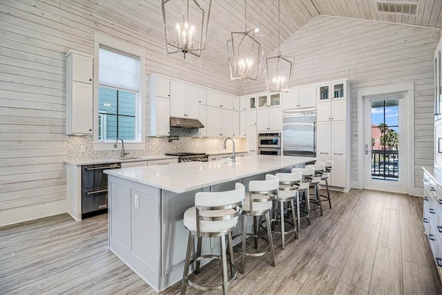 kitchen with light wood-style floors, stainless steel appliances, under cabinet range hood, high vaulted ceiling, and a notable chandelier