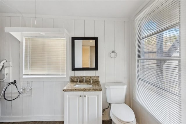 bathroom with hardwood / wood-style floors, vanity, and toilet