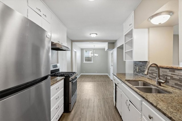 kitchen featuring sink, stainless steel appliances, dark stone counters, decorative backsplash, and white cabinets