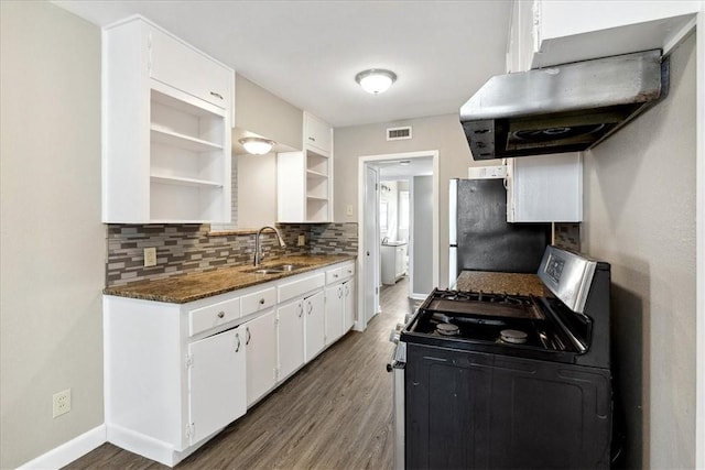 kitchen with refrigerator, gas range, ventilation hood, sink, and white cabinets