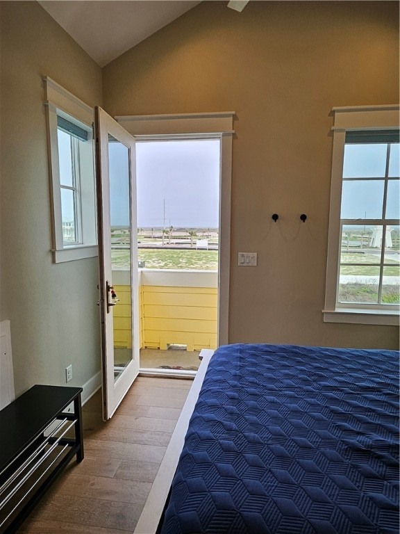 unfurnished bedroom featuring lofted ceiling and hardwood / wood-style flooring