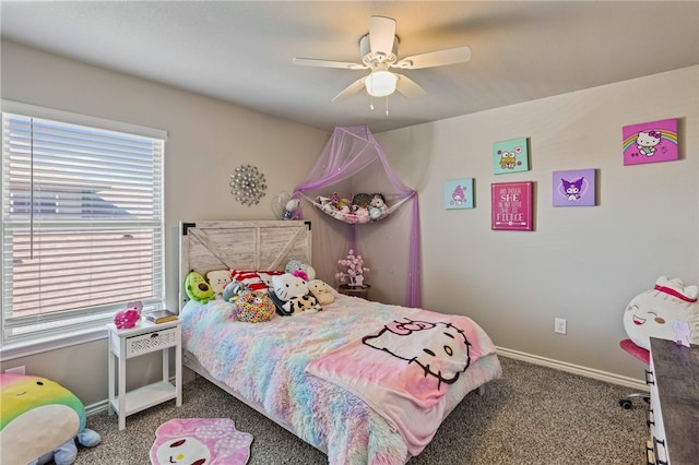 bedroom featuring carpet flooring and ceiling fan