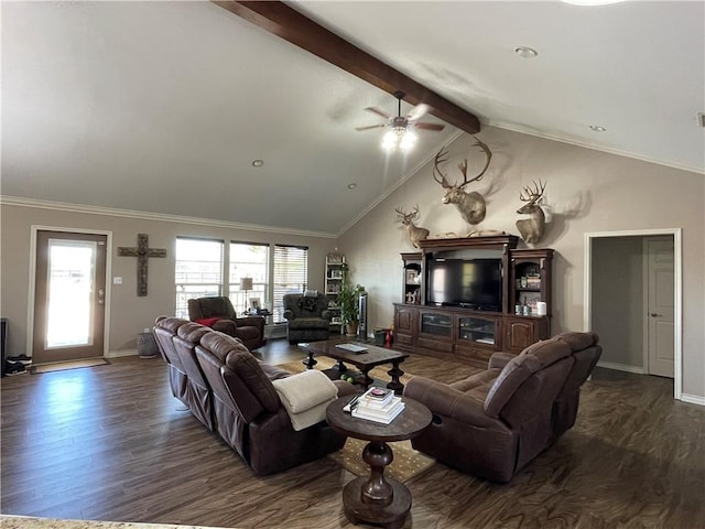 living room with baseboards, vaulted ceiling with beams, ceiling fan, and dark wood-style flooring