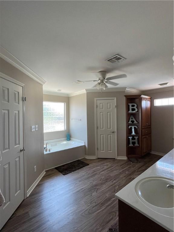 full bathroom featuring visible vents, ornamental molding, vanity, and plenty of natural light