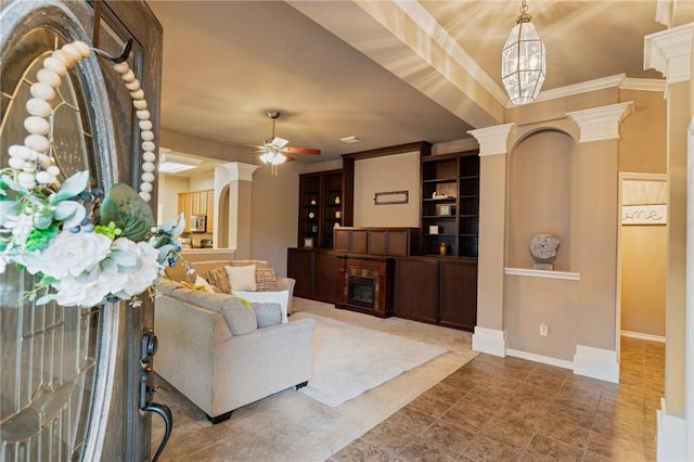 7437 Long S Dr, Corpus Christi, TX 78414 - tiled living room with a fireplace, a ceiling fan, and baseboards
