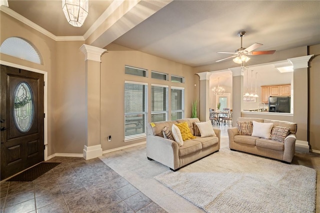 7437 Long S Dr, Corpus Christi, TX 78414 - living room featuring ornate columns, ceiling fan, a chandelier, baseboards, and crown molding