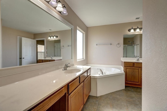2334 Mystic Star Dr, Corpus Christi, TX 78414 - bathroom featuring a garden tub, two vanities, a shower with shower door, and tile patterned flooring