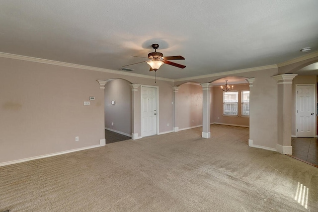 2334 Mystic Star Dr, Corpus Christi, TX 78414 - carpeted empty room featuring ornate columns, arched walkways, ceiling fan, ornamental molding, and a smoke detector