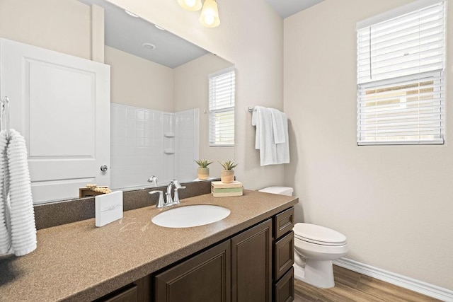 bathroom with toilet, a shower, and vanity