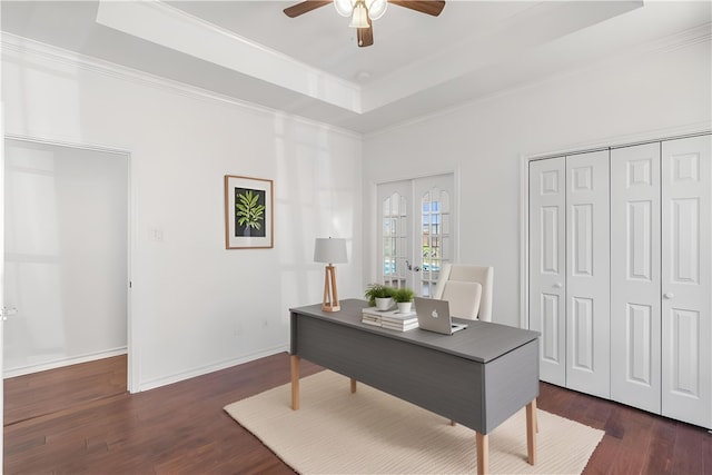 5913 Woodmere Dr, Corpus Christi, TX 78414 - office area with a tray ceiling, ceiling fan, wood finished floors, ornamental molding, and baseboards