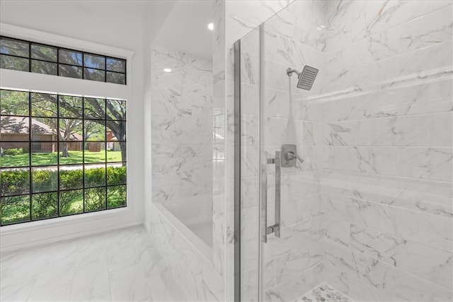 5913 Woodmere Dr, Corpus Christi, TX 78414 - bathroom with a marble finish shower, marble finish floors, and a tub