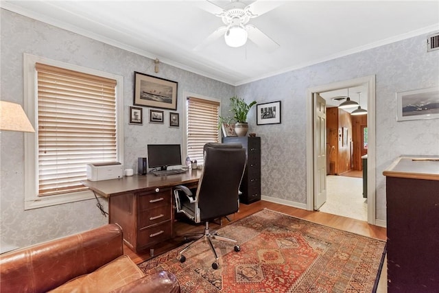 144 Cordula St, Corpus Christi, TX 78411 - office area with wood finished floors, wallpapered walls, a ceiling fan, ornamental molding, and healthy amount of natural light