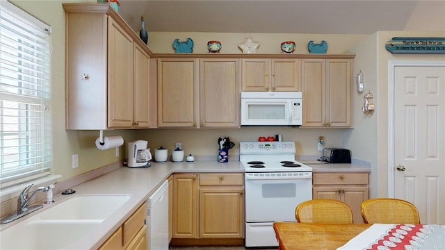 kitchen with light brown cabinetry and white appliances
