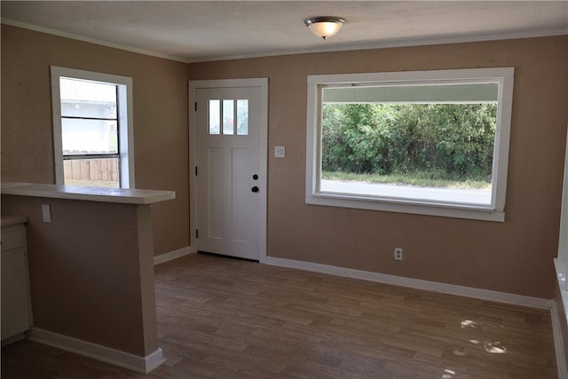 foyer with hardwood / wood-style flooring and crown molding