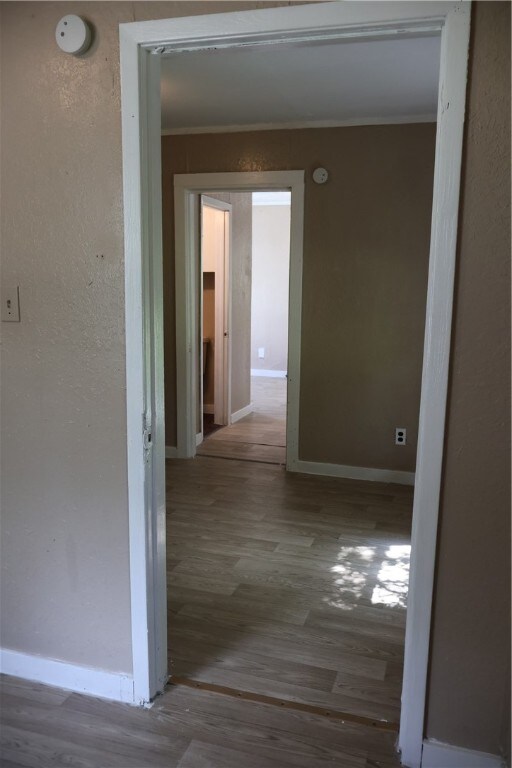 corridor featuring hardwood / wood-style floors and crown molding