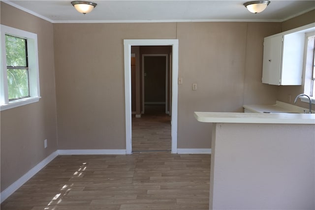 kitchen featuring white cabinetry, sink, hardwood / wood-style flooring, and crown molding