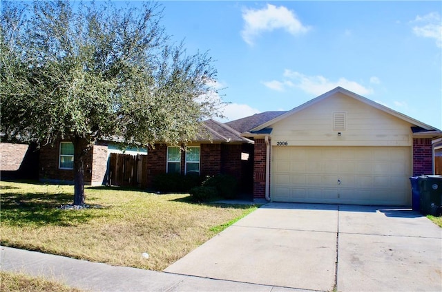 single story home featuring a garage and a front yard