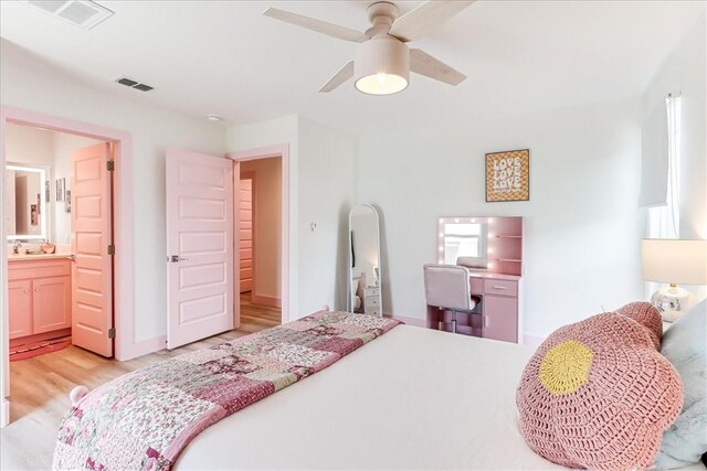 bedroom with light wood-style floors, ceiling fan, connected bathroom, and visible vents