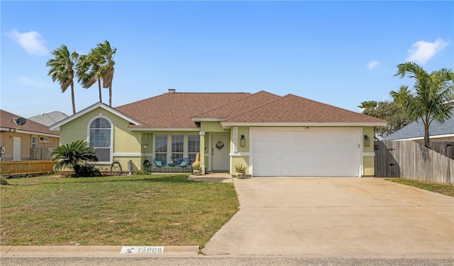 ranch-style home with a garage, concrete driveway, fence, a front lawn, and stucco siding