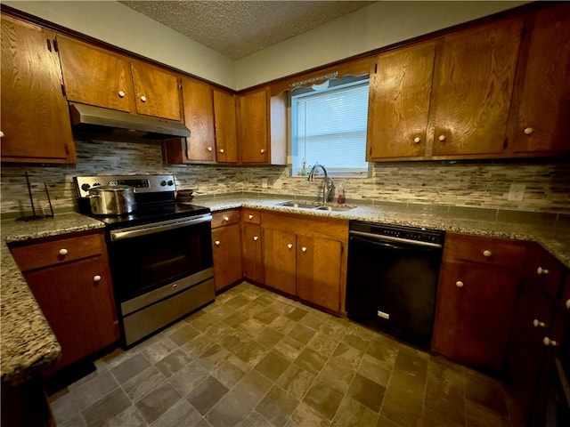 1203 N Hackberry St, Bishop, TX 78343 - kitchen with decorative backsplash, stainless steel electric range oven, black dishwasher, under cabinet range hood, and a sink