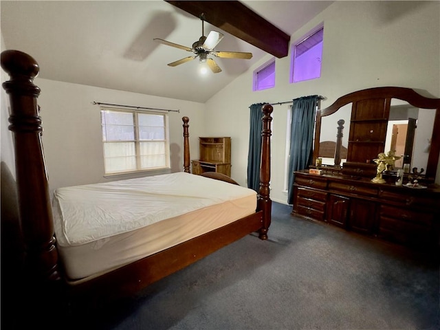 1203 N Hackberry St, Bishop, TX 78343 - bedroom with lofted ceiling with beams, dark colored carpet, and ceiling fan