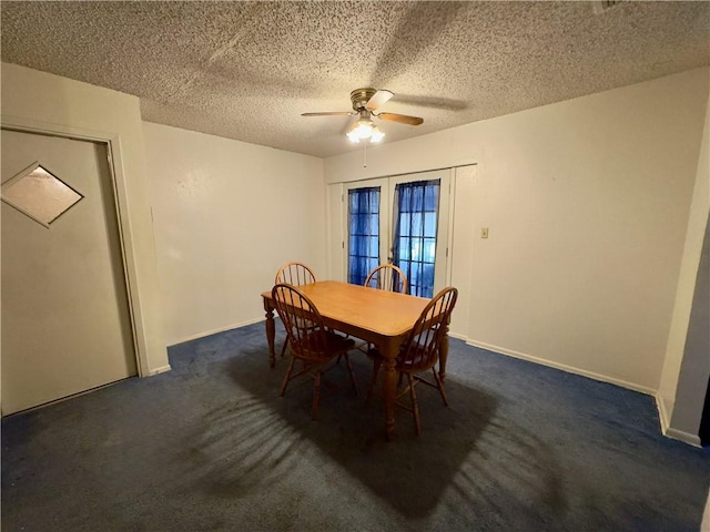 1203 N Hackberry St, Bishop, TX 78343 - dining area featuring a ceiling fan, baseboards, dark carpet, and a textured ceiling