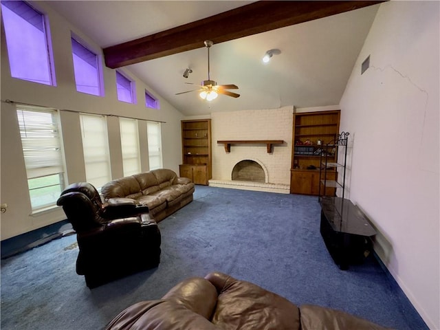 1203 N Hackberry St, Bishop, TX 78343 - living area with a ceiling fan, carpet, vaulted ceiling with beams, and visible vents